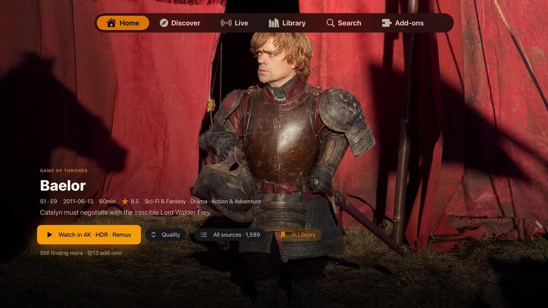VortX cinematic detail page on Apple TV, a series ready to play in 4K HDR remux